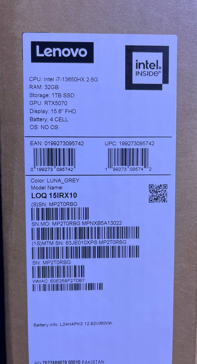 TJM Lenovo LOQ 15IRX10 - (0XPS) Intel Core i7-13650HX, RAM 32GB, SSD 1TB, RTX 5070 8GB, 15.6 Inch FHD IPS 144Hz, Luna Grey