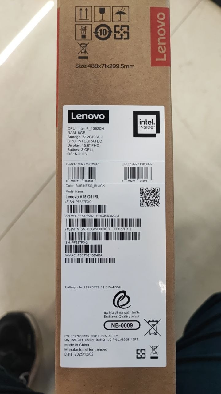 TJM Lenovo V15 G5 IRL - (69GR) Intel Core i7-13620H, RAM 8GB, SSD 512GB, Intel UHD Graphics, 15.6 Inch FHD, Black