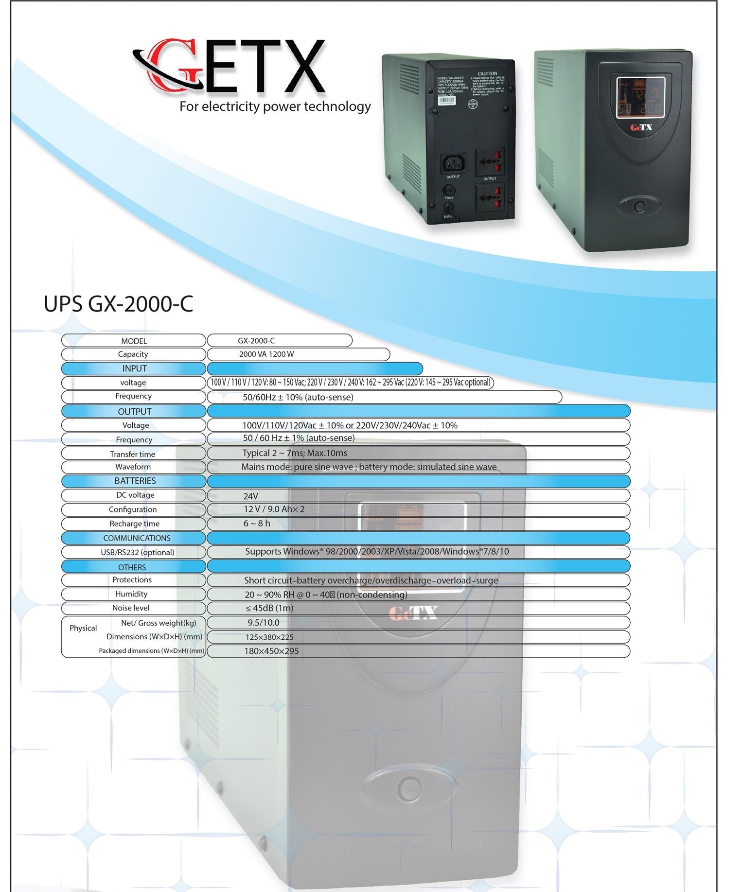 TJM UPS GeTX GXK-2000-C (2000VA, 2KV) Line interactive , 12V9Ax2 Battery - Yellow Box