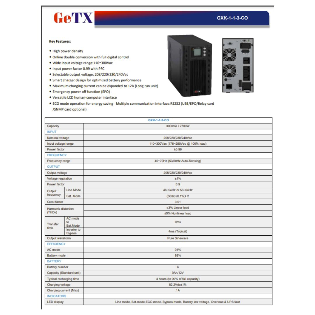 TJM UPS GeTX Online GXK-1-1-3-CO, 3KV (3000VA) HF LCD battery 12-9 *6