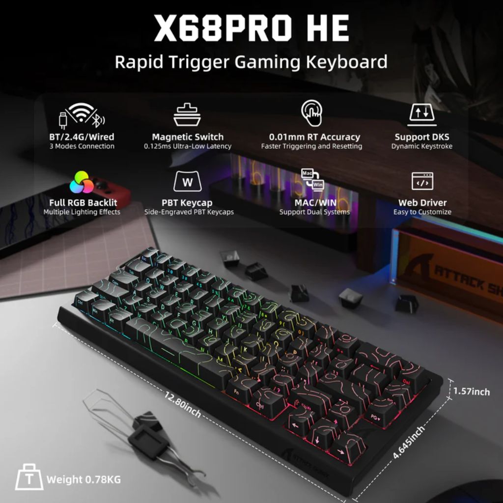 TJM ATTACK SHARK X68 Pro Magnetic Wireless Keyboard - Black Contours
