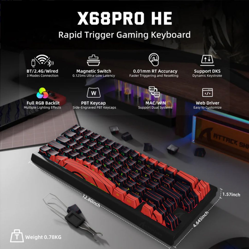 TJM ATTACK SHARK X68 Pro Magnetic Wireless Keyboard - Red and Black