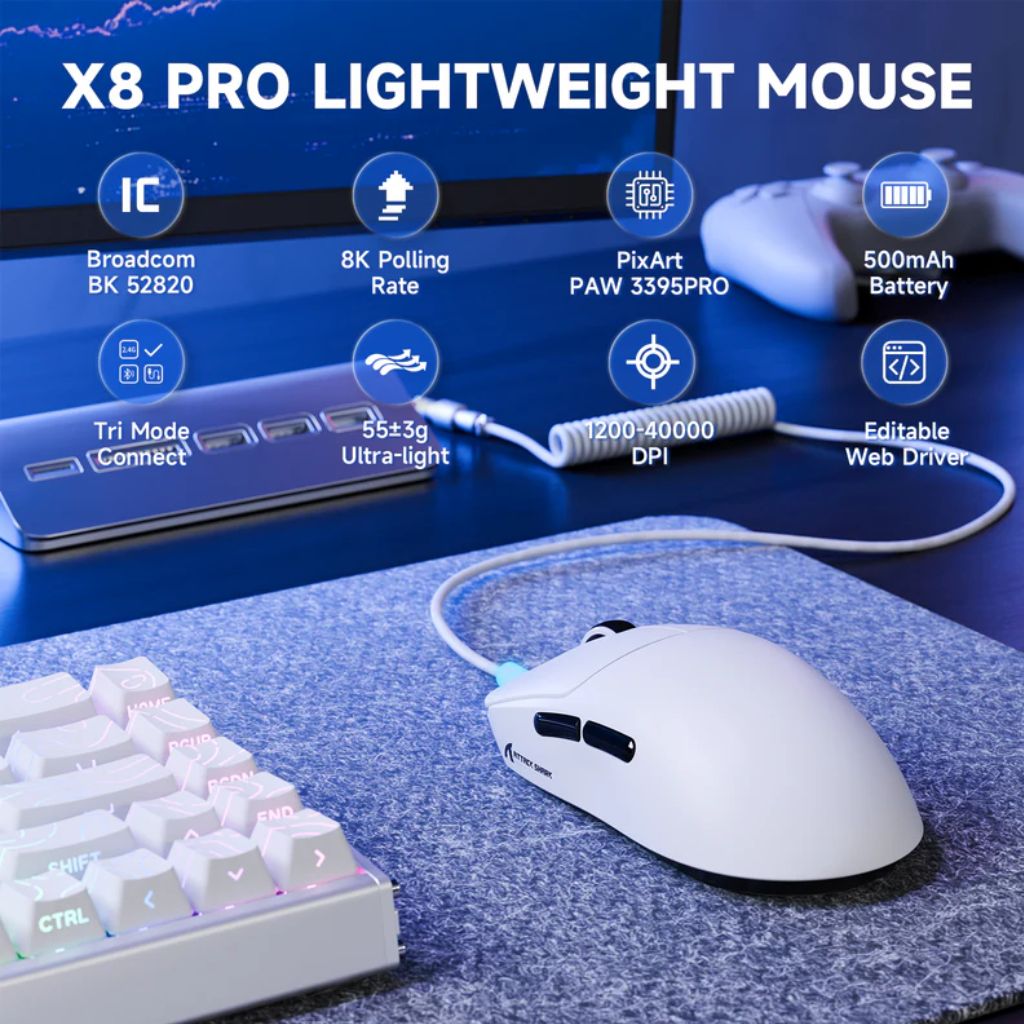 TJM ATTACK SHARK X8 Pro Tri-mode Wireless Gaming Mouse - White