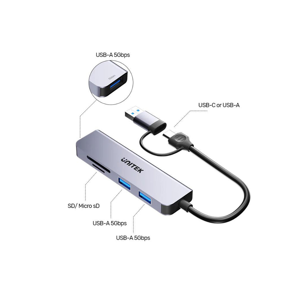 TJM UNITEK uHUB P5+ 5-in-1 USB 5Gbps Hub with SD and Micro SD Card Reader