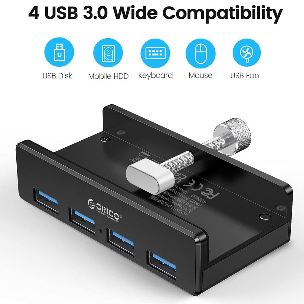 TJM ORICO Aluminum Alloy Clip-Type USB 3.0 HUB - 4 Ports - Model MH4PU-BK