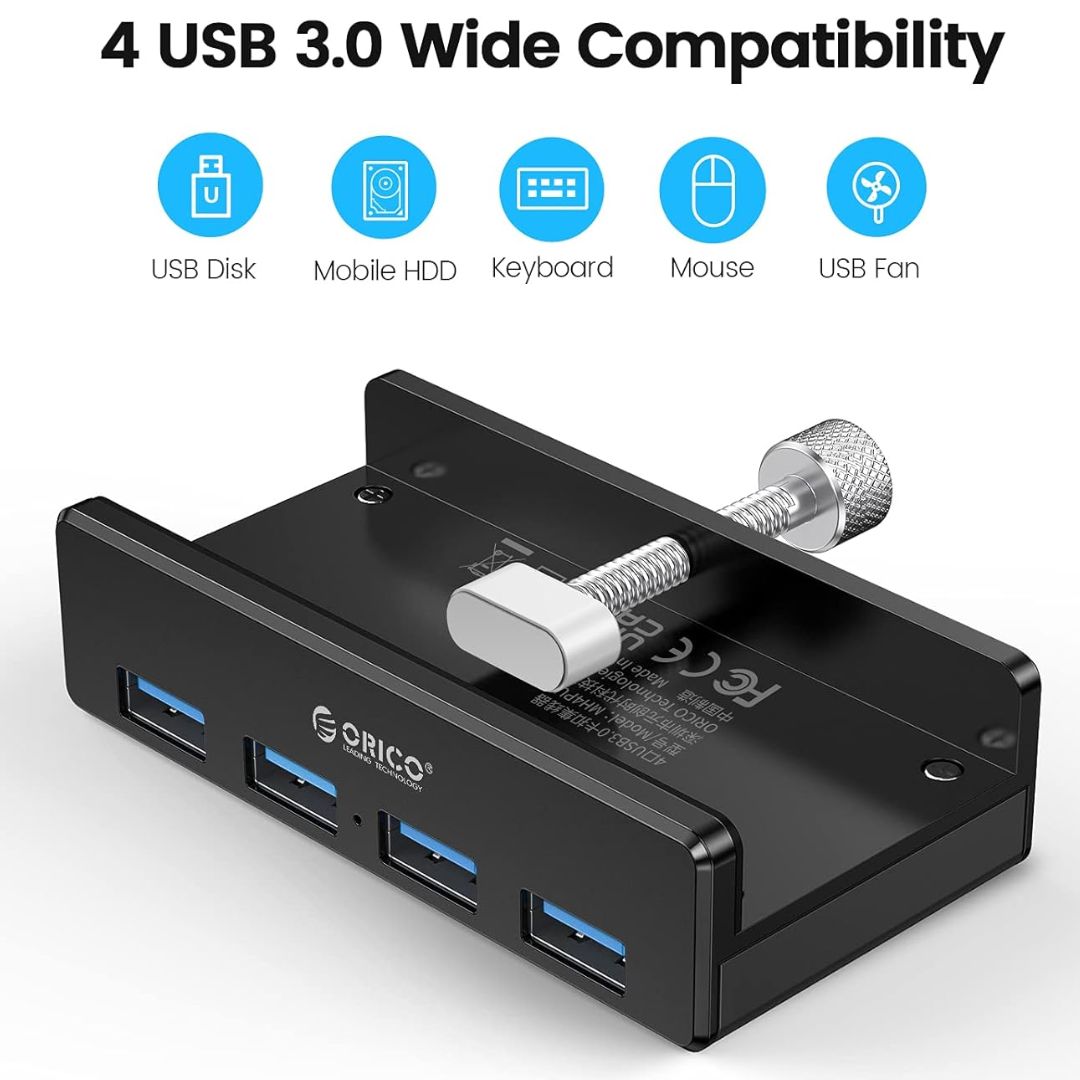 TJM ORICO Aluminum Alloy Clip-Type USB 3.0 HUB - 4 Ports - Model MH4PU-BK