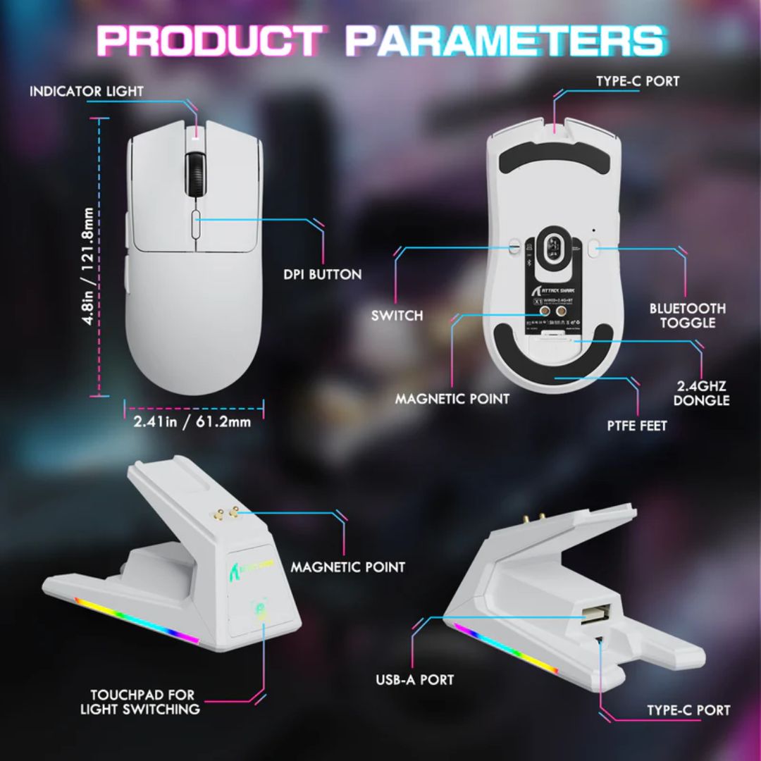 TJM ATTACK SHARK X1 Tri-mode Gaming Mouse - White