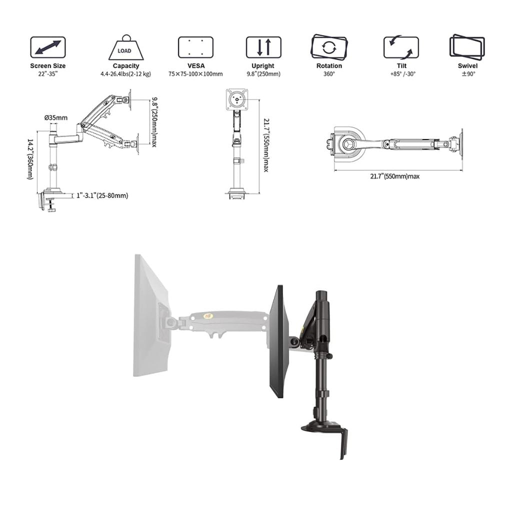 TJM NB H100 Single Monitor Desk Mount Up to 32"