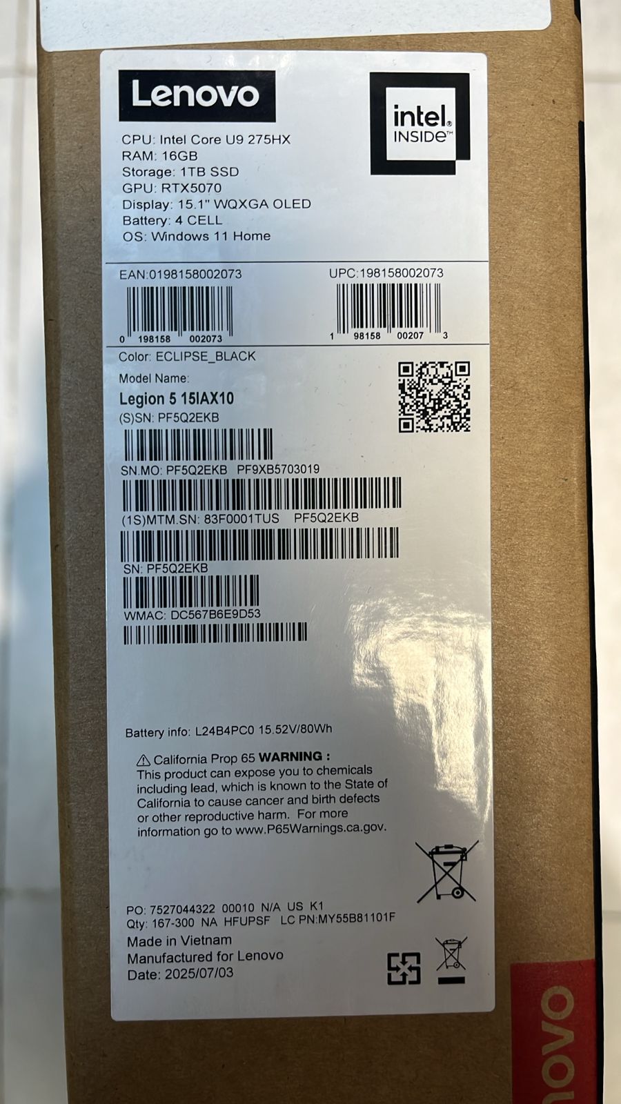 TJM Lenovo Legion 5 15IAX10 - (1TUS) Intel Core Ultra 9-275HX, RAM 16GB, 1TB, RTX 5070 8GB, 15.1 WQXGA OLED 165Hz, Eclipse Black