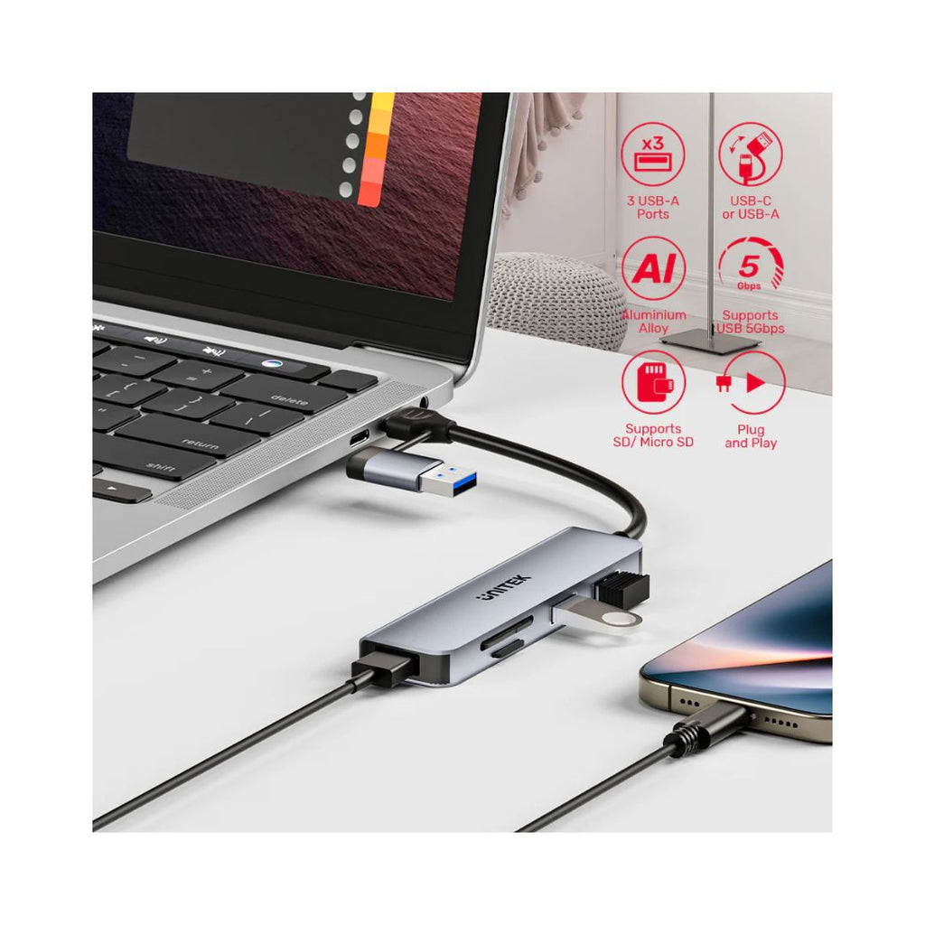 TJM UNITEK uHUB P5+ 5-in-1 USB 5Gbps Hub with SD and Micro SD Card Reader