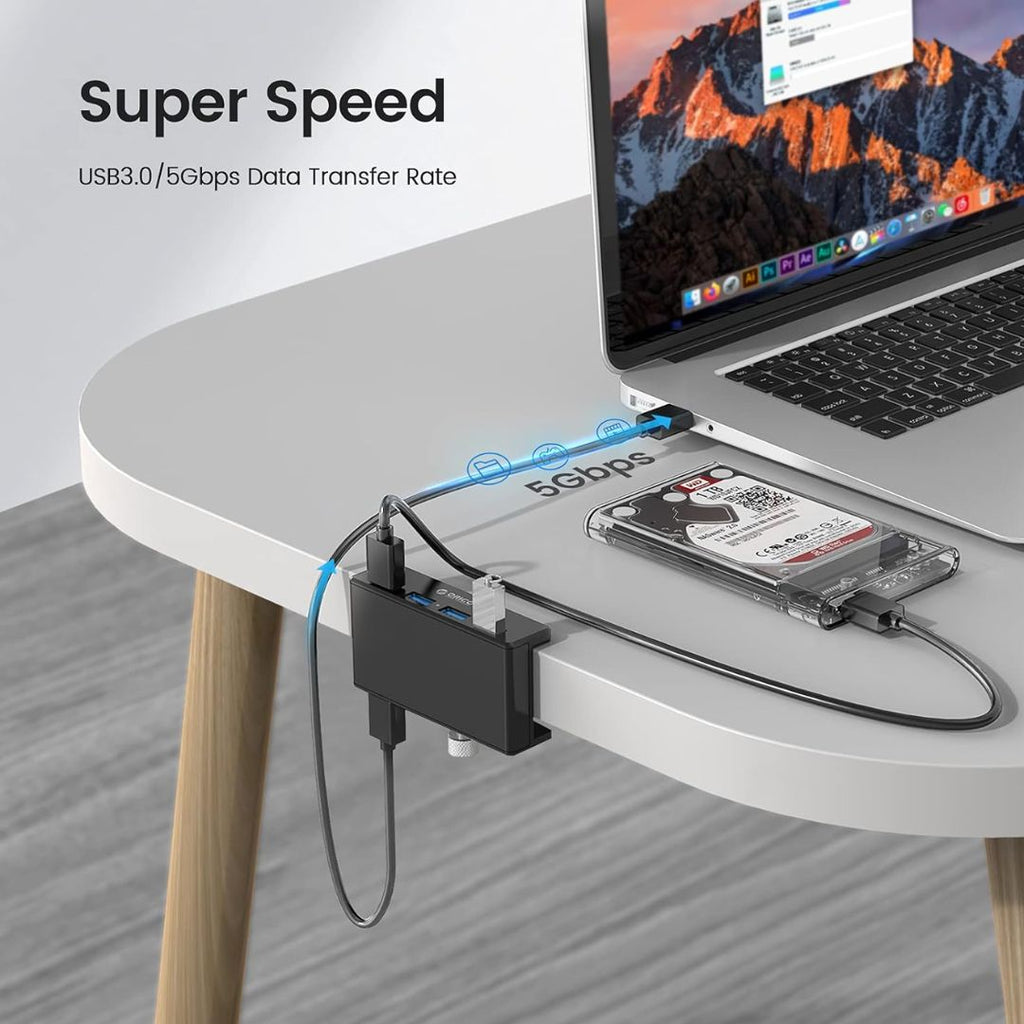 TJM ORICO Aluminum Alloy Clip-Type USB 3.0 HUB - 4 Ports - Model MH4PU-BK