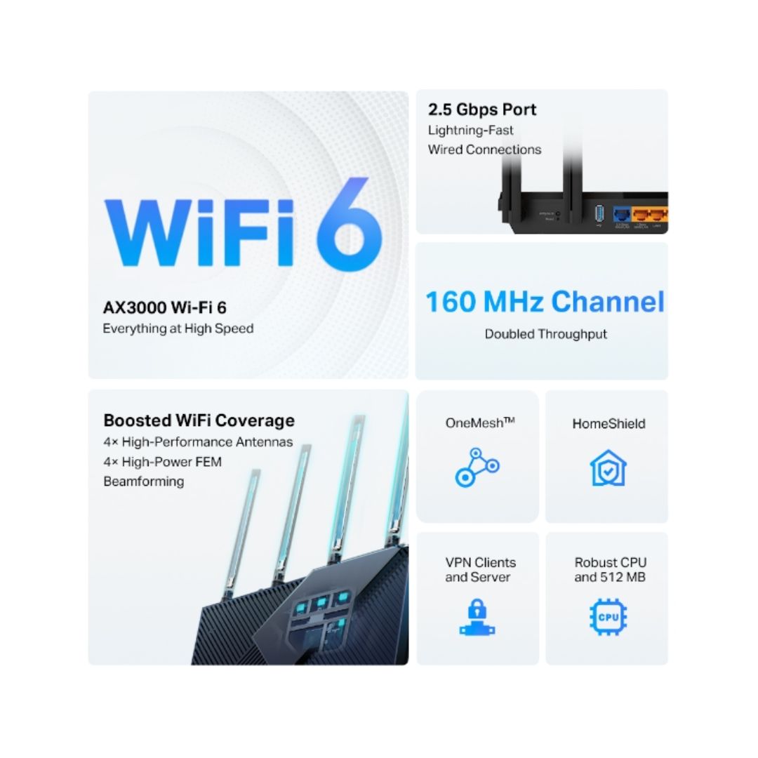 TJM TP-Link Archer AX55 PRO, AX3000 Dual Band Gigabit Wi-Fi 6 Router