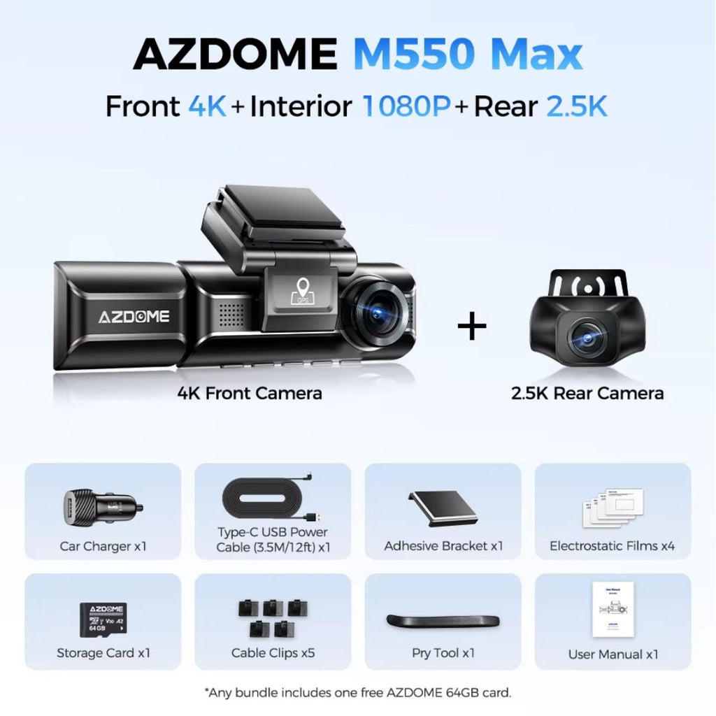 TJM AZDOME M550 Max 4K 3 Channel Dash Cam - Black