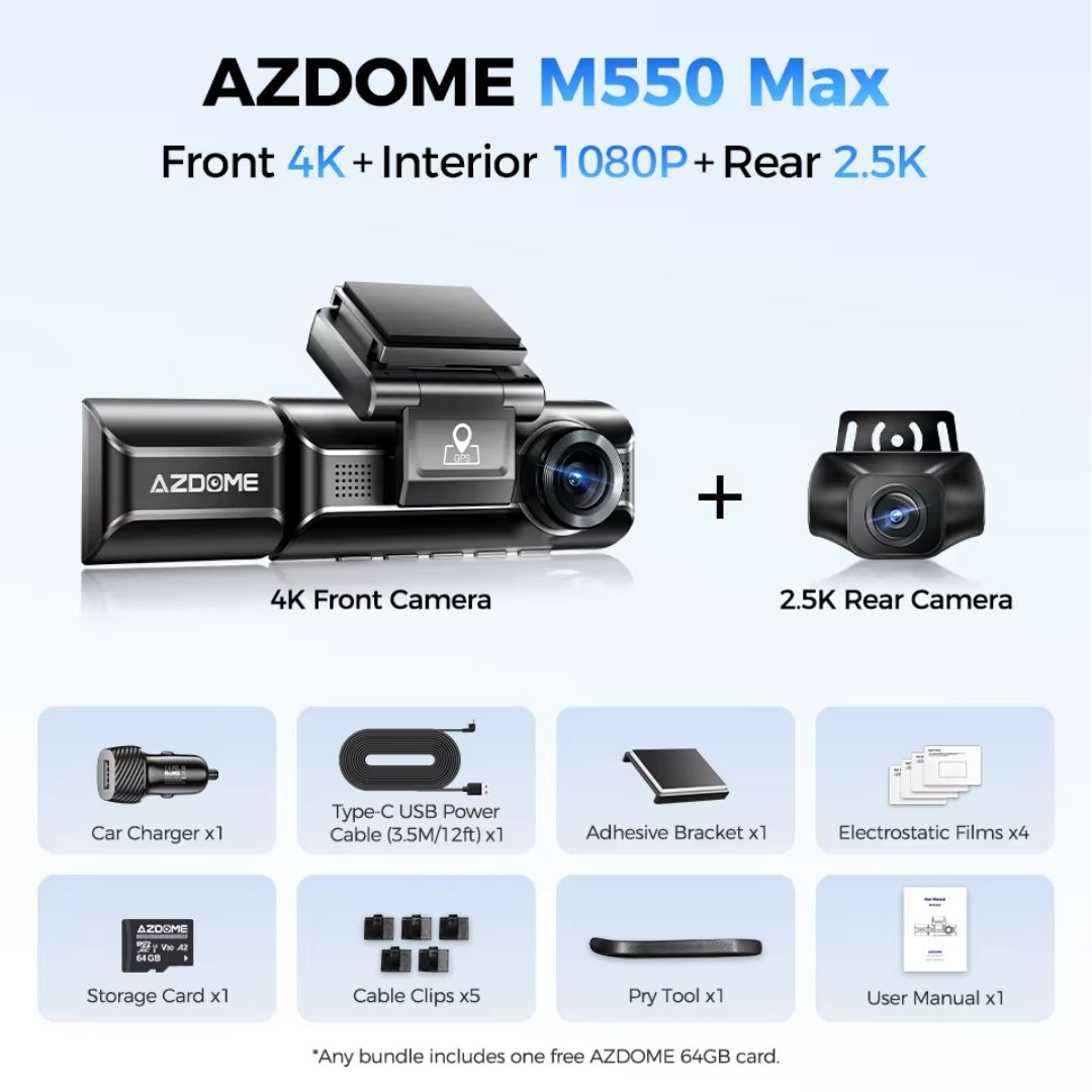 TJM AZDOME M550 Max 4K 3 Channel Dash Cam - Black