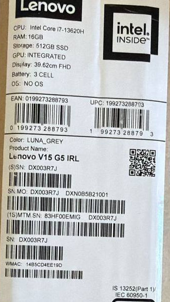 TJM Lenovo V15 G5 IRL - (EMIG) Intel Core i7-13620H, RAM 16GB, SSD 512GB, Intel® UHD Graphics, 15.6 Inch FHD, Luna Grey
