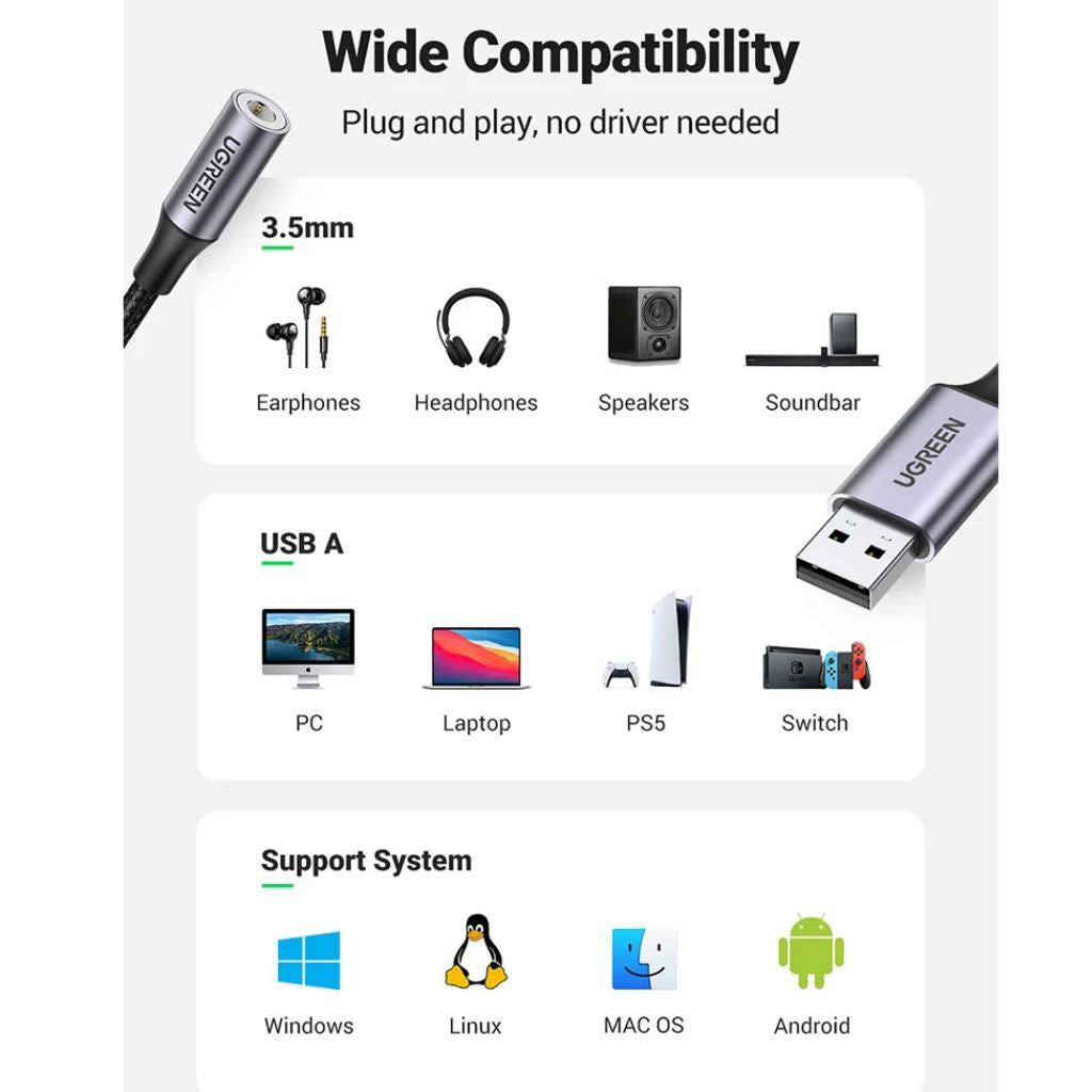 TJM UGREEN UG-30757 USB-A to 3.5mm Audio Adapter Hub