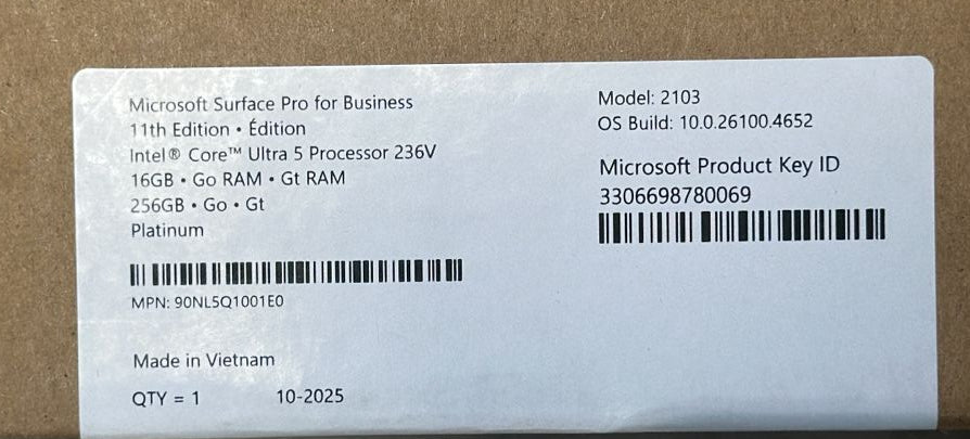 TJM Microsoft Surface Pro 11 EP2-20104, Intel Ultra 5-236V, RAM 16GB, SSD 256GB, Intel Graphics, 13.0 Inch (2880 x 1920), Platinum