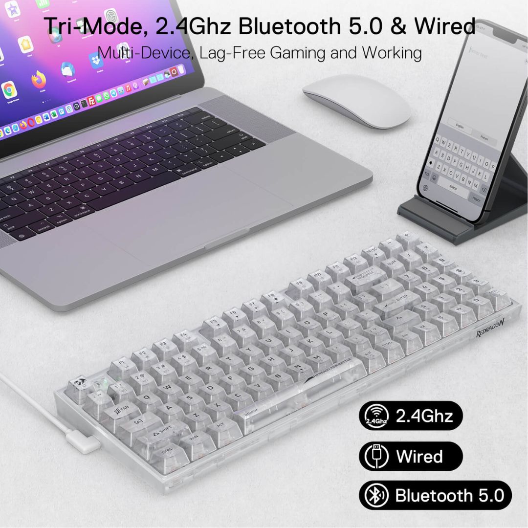 TJM Redragon IRELIA K658CT PRO RGB 90%, USB-C wired, BT , 2.4 GHz wireless Translucent Crystal Switch