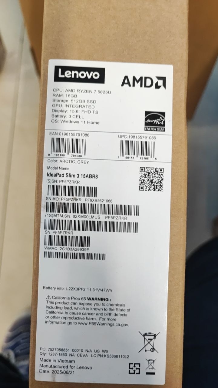 TJM Lenovo IdeaPad Slim 3 15ABR8 - (LMUS) AMD Ryzen 7-5825U, RAM 16GB, SSD 512GB, Radeon™ Graphics, 15.6 FHD IPS Touch, Arctic Grey