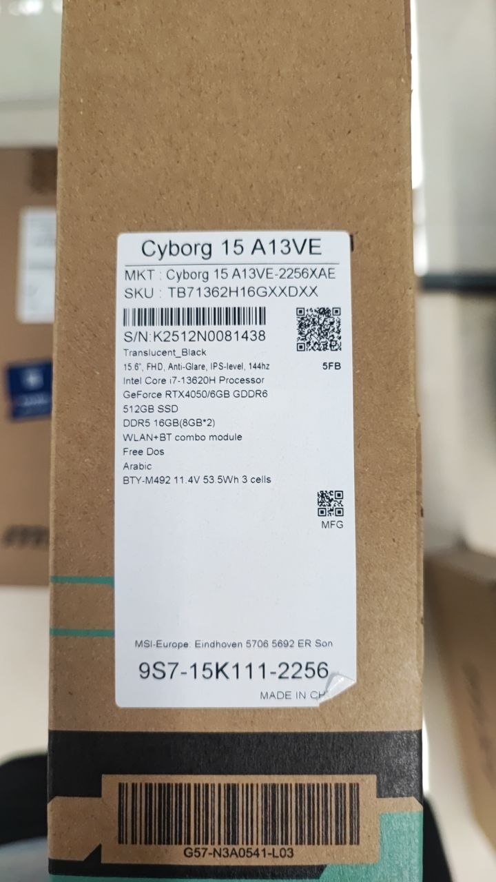 TJM MSI Cyborg 15 A13VE-2256XAE, Intel Core i7-13620H, RAM 16GB, 512GB SSD, RTX 4050 6GB, 15.6 FHD IPS 144Hz, Black