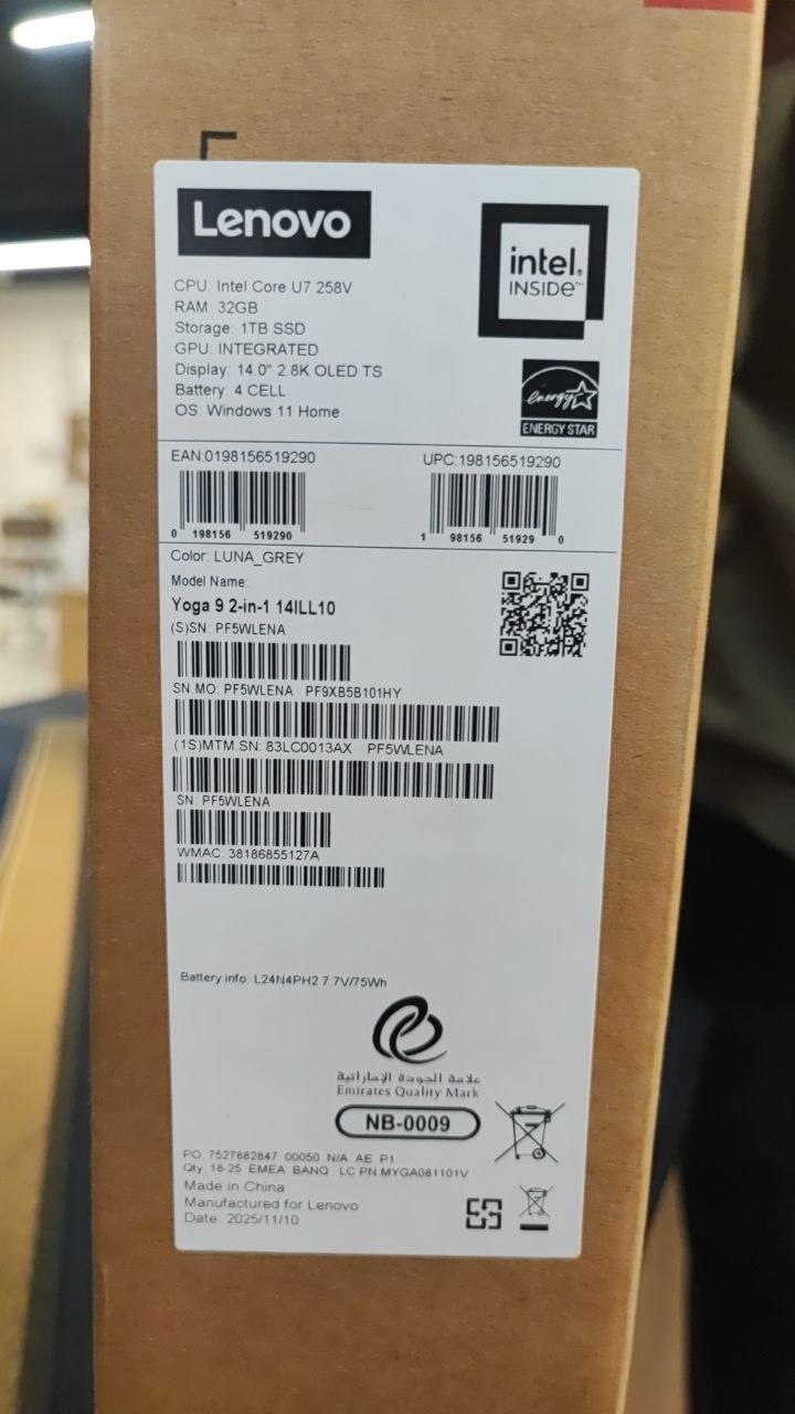 TJM Lenovo Yoga 9 Aura Edition 14ILL10 - (13AX) Intel Core Ultra 7-258V, RAM 32GB, SSD 1TB, Intel® Arc™ Graphics 140V, 14 Inch WQXGA+ OLED 120Hz Touch, Luna Grey