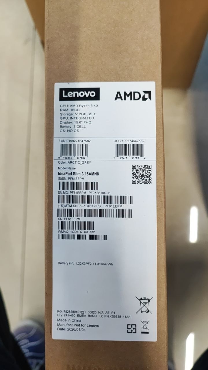 TJM Lenovo IdeaPad Slim 3 15AMN8 - (C8PS) AMD Ryzen 5 40, RAM 16GB, SSD 512GB, Radeon™ Graphics, 15.6 FHD IPS, Arctic Grey