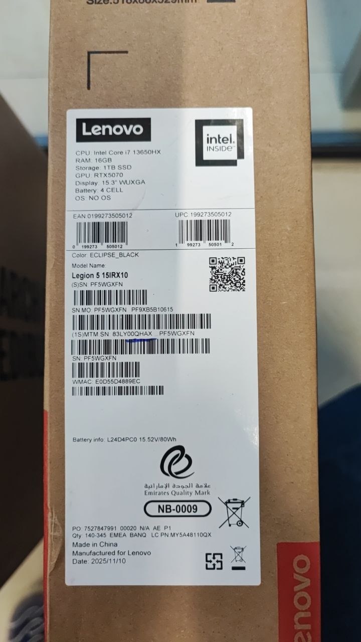 TJM Lenovo Legion 5 15IRX10 - (QHAX) Intel Core i7-13650HX, RAM 16GB, SSD 1TB, RTX 5070 8GB, 15.3 Inch WUXGA IPS 165Hz, Eclipse Black