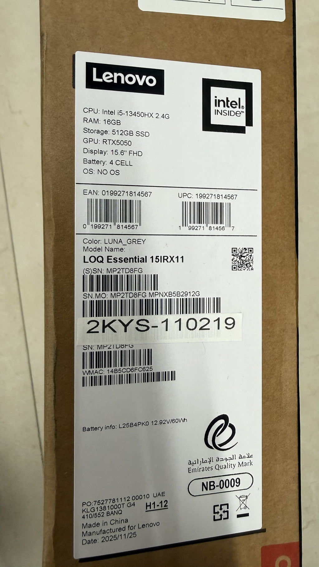 TJM Lenovo LOQ Essential 15IRX11 -  (2KUS-110219) Intel Core i5-13450HX, RAM 16GB, 512GB, RTX 5050 8GB, 15.6 Inch FHD 144Hz, Luna Gray