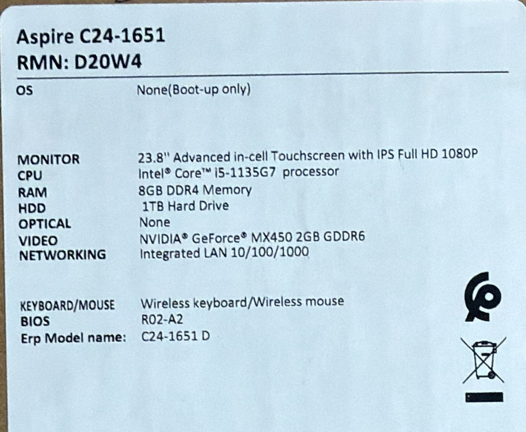 TJM All In One Acer Aspire C24-1651, Intel Core i5-1135G7, RAM 8GB, SSD 512 + 1TB HDD (Upgraded) NVIDIA MX450 2GB, 24 FHD Touchscreen IPS, Silver