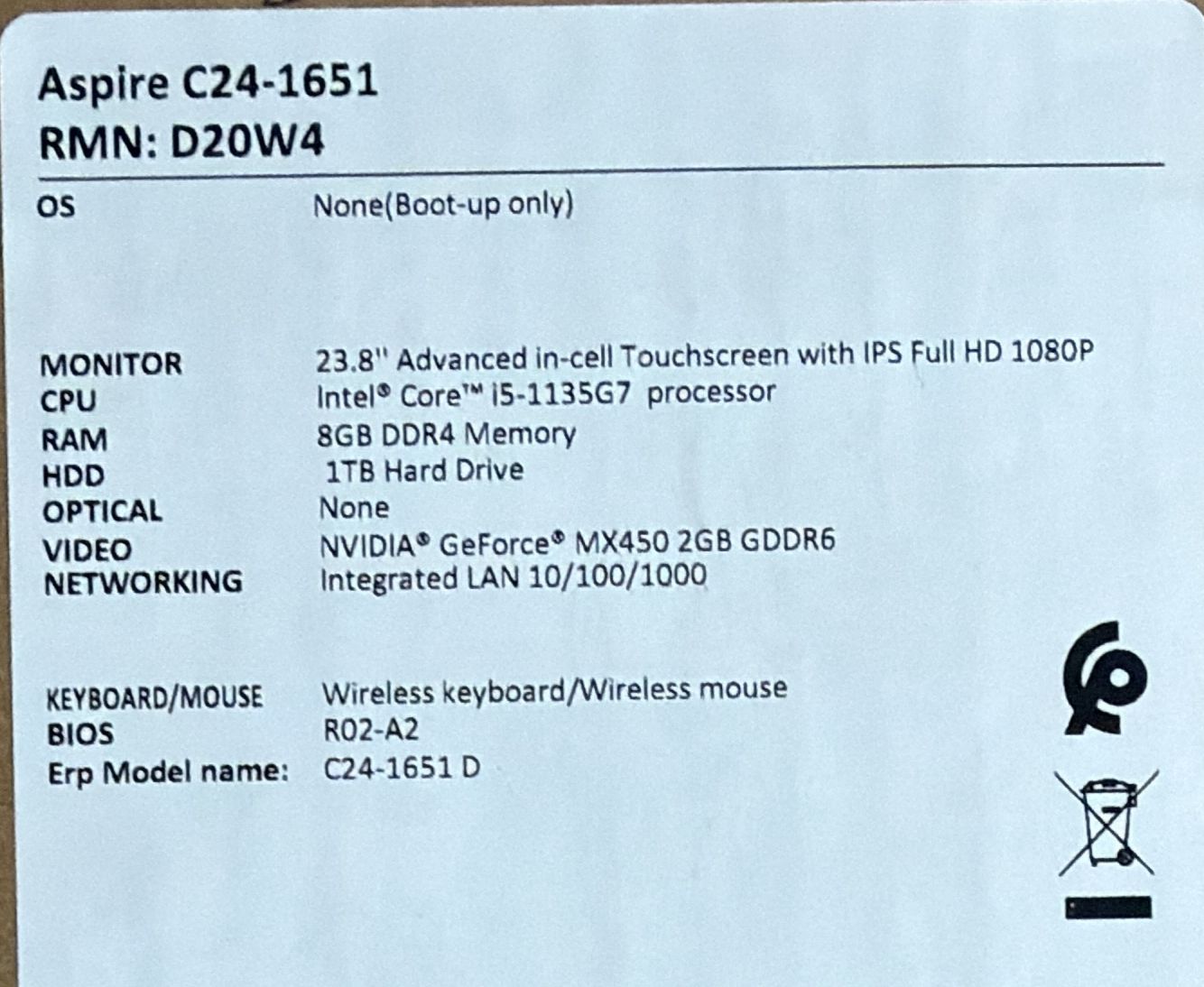 TJM All In One Acer Aspire C24-1651, Intel Core i5-1135G7, RAM 8GB, SSD 512 + 1TB HDD (Upgraded) NVIDIA MX450 2GB, 24 FHD Touchscreen IPS, Silver