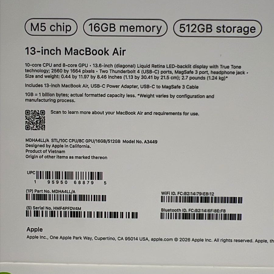 TJM Apple Macbook Air MDHA4LL/A - A3449, M5 Chip (10 Core), GPU (8 Core), RAM 16GB, SSD 512GB, 13.0 (2560 x 1664), Starlight