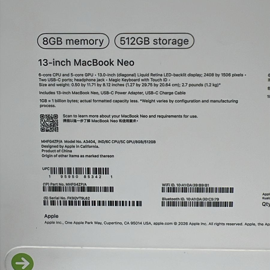 TJM Apple MacBook Neo MHFG4ZP/A - A3404, Apple A18 Pro (6 Cores), GPU (5 Cores), RAM 8GB, SSD 512GB, 13.0 Inch (2408 x 1506), Indigo