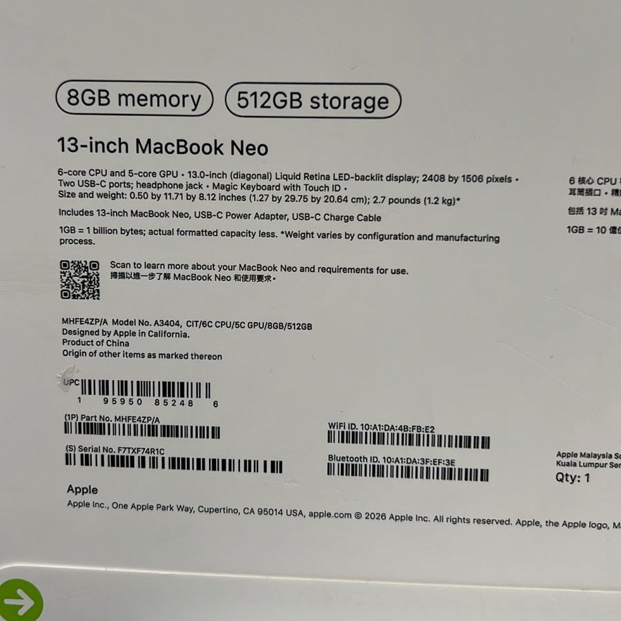 TJM Apple MacBook Neo MHFE4ZP/A - A3404, Apple A18 Pro (6 Cores), GPU (5 Cores), RAM 8GB, SSD 512GB, 13.0 Inch (2408 x 1506) IPS, Citrus