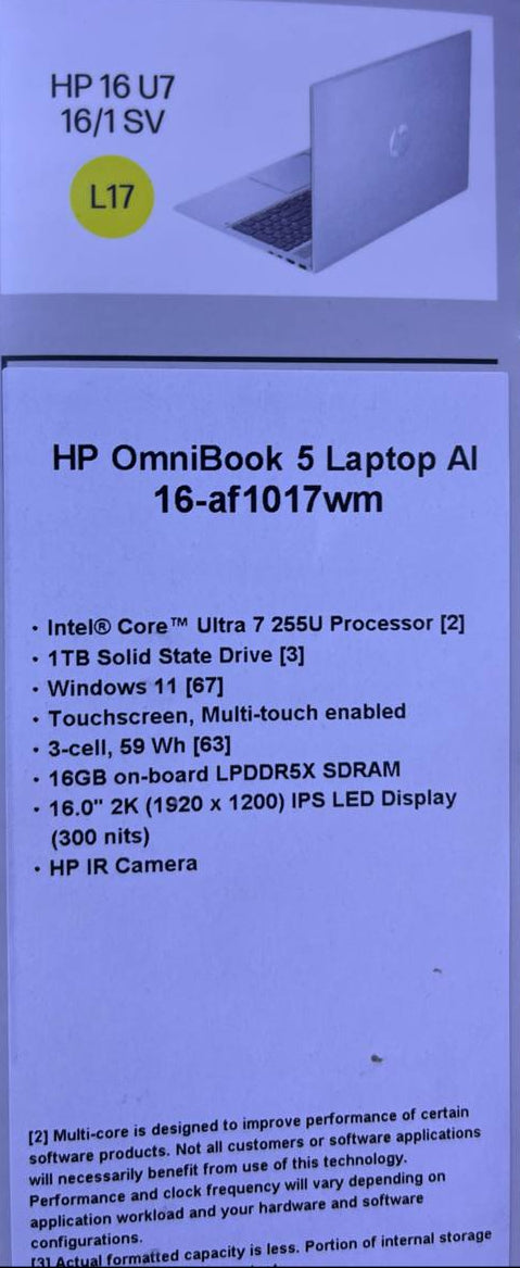 TJM HP OmniBook 5 16-AF1017WM, Ultra 7-255U, RAM 16GB, SSD 1TB, Intel Graphics, 16 Inch WUXGA IPS Touch, Silver