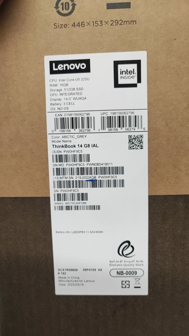 TJM Lenovo ThinkBook 14 G8 IAL - (2AGR), Intel Ultra 5-225U, RAM 16GB, SSD 512GB, Intel Graphics, 14.0 WUXGA IPS, Arctic Grey
