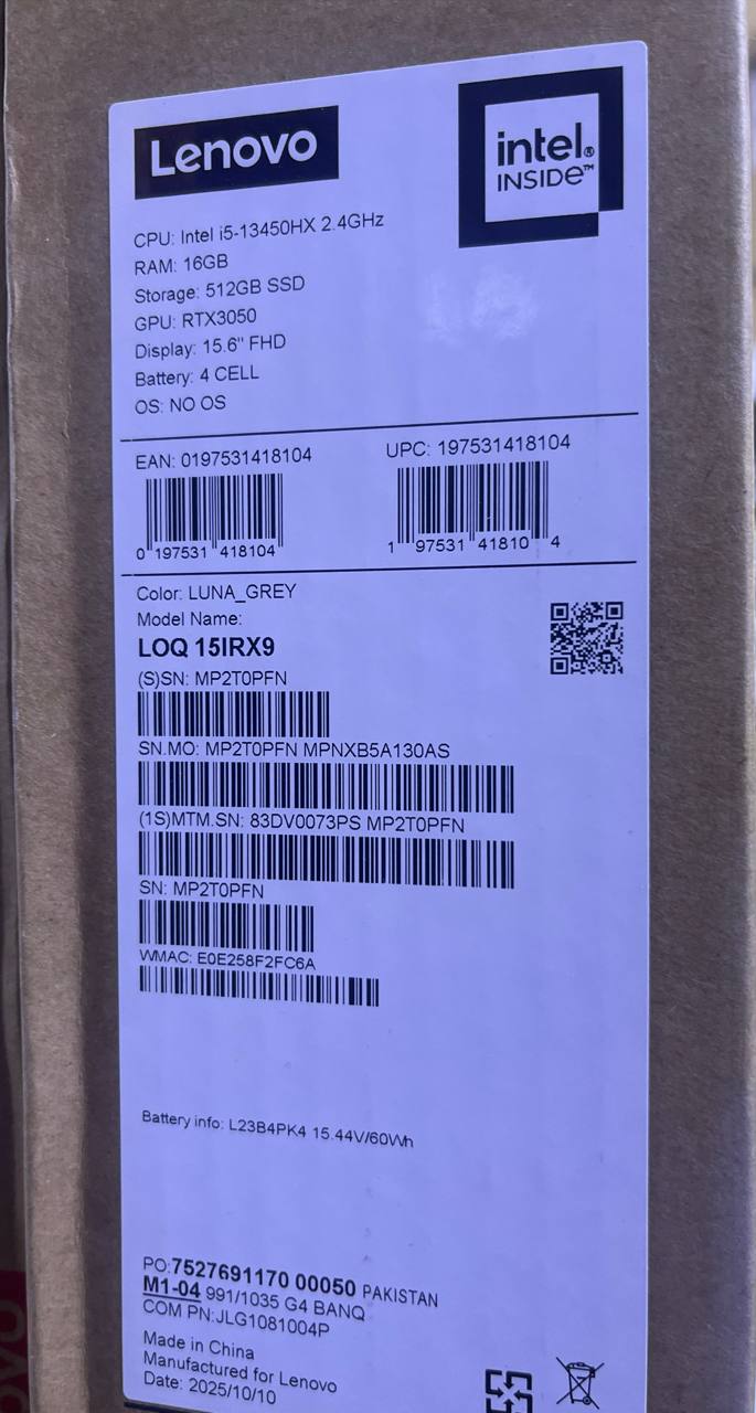 TJM Lenovo LOQ 15IRX9 - (73PS) Intel Core i5-13450HX, RAM 16GB, SSD 512GB, RTX 3050 6GB, 15.6 Inch FHD IPS 144Hz, Luna Gray