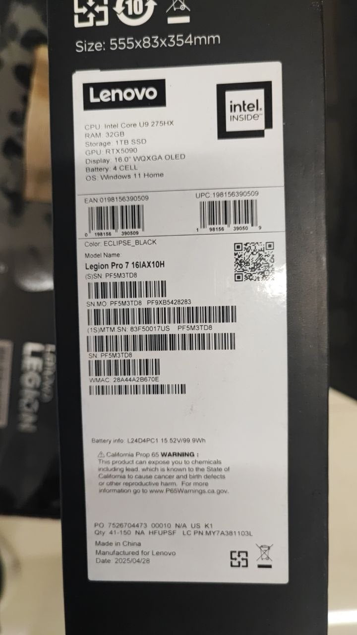 TJM Lenovo Legion Pro 7 16IAX10H - (17US) Intel Core Ultra 9-275HX, RAM 32GB, 1TB, RTX 5090 24GB, 16.0 Inch 240Hz OLED, Black