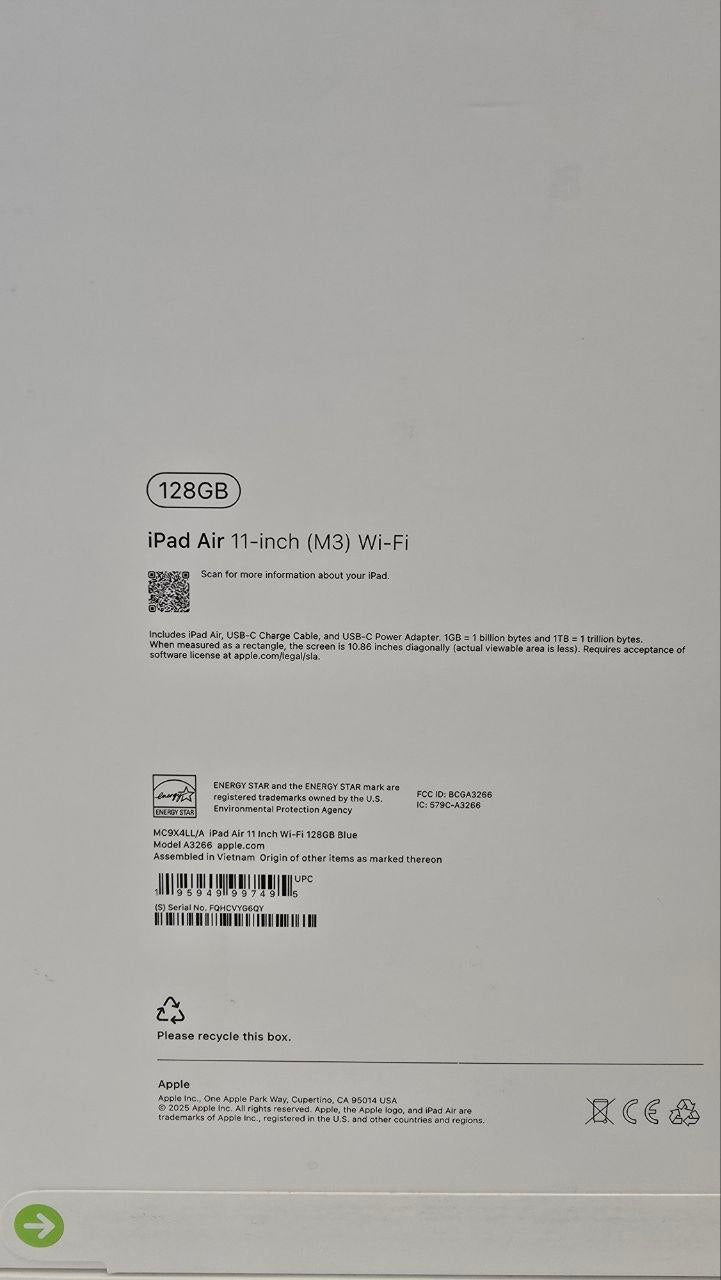 TJM APPLE IPAD Air MC9X4LL/A - M3, RAM 8GB, SSD 128GB, 11 Inch (2360 x 1640) Liquid Retina display, Blue