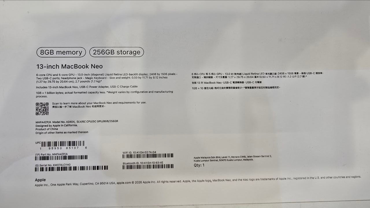 TJM Apple MacBook Neo MHFA4ZP/A - A3404, Apple A18 Pro (6 Cores), GPU (5 Cores), RAM 8GB, SSD 256GB, 13.0 Inch (2408 x 1506) IPS, Silver