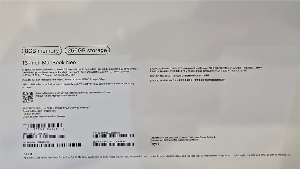 TJM Apple MacBook Neo MHFF4ZPA/A - A3404, Apple A18 Pro (6 Cores), GPU (5 Cores), RAM 8GB, SSD 256GB, 13.0 Inch (2408 x 1506), Indigo