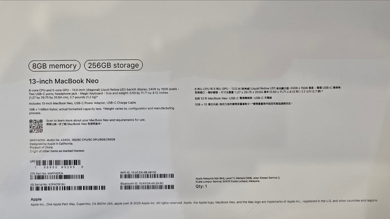 TJM Apple MacBook Neo MHFF4ZPA/A - A3404, Apple A18 Pro (6 Cores), GPU (5 Cores), RAM 8GB, SSD 256GB, 13.0 Inch (2408 x 1506), Indigo