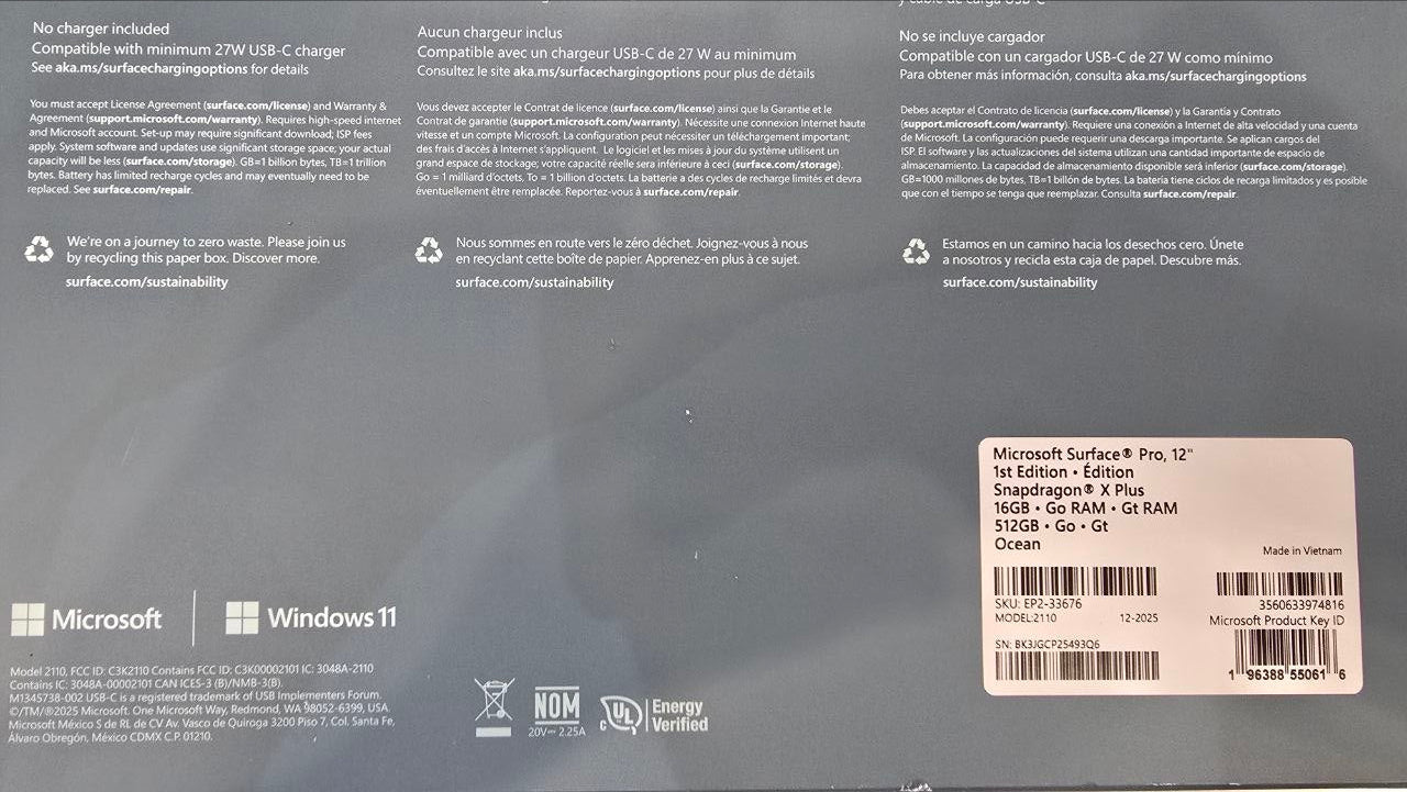 TJM Microsoft Surface Pro 12 EP2-33676, Snapdragon X Plus, RAM 16GB, SSD 512GB, Qualcomm® Adreno™, 12.0 Inch (2196 x 1464), Ocean