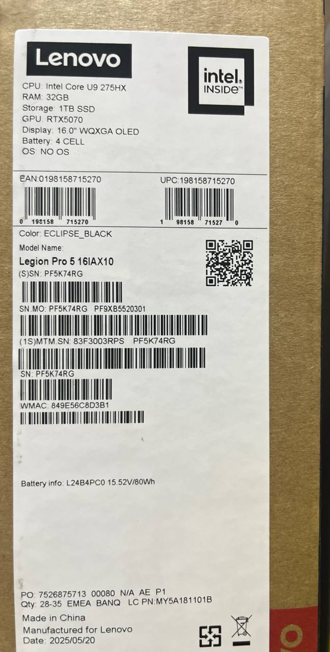 TJM Lenovo Legion Pro 5 16IAX10 - (3RPS), Intel Core Ultra 9-275HX, RAM 32GB, SSD 1TB, NVIDIA GeForce RTX 5070 8GB, 16.0 inch 2K WQXGA OLED 165Hz, Eclipse Black