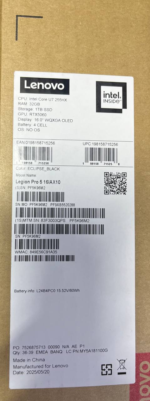 TJM Lenovo Legion Pro 5 16IAX10 - (3QPS), Intel Core Ultra 7-255HX, RAM 32GB, SSD 1TB, NVIDIA Geforce RTX 5060 8GB, 16.0 Inch OLED WQXGA 165Hz, Eclipse Black