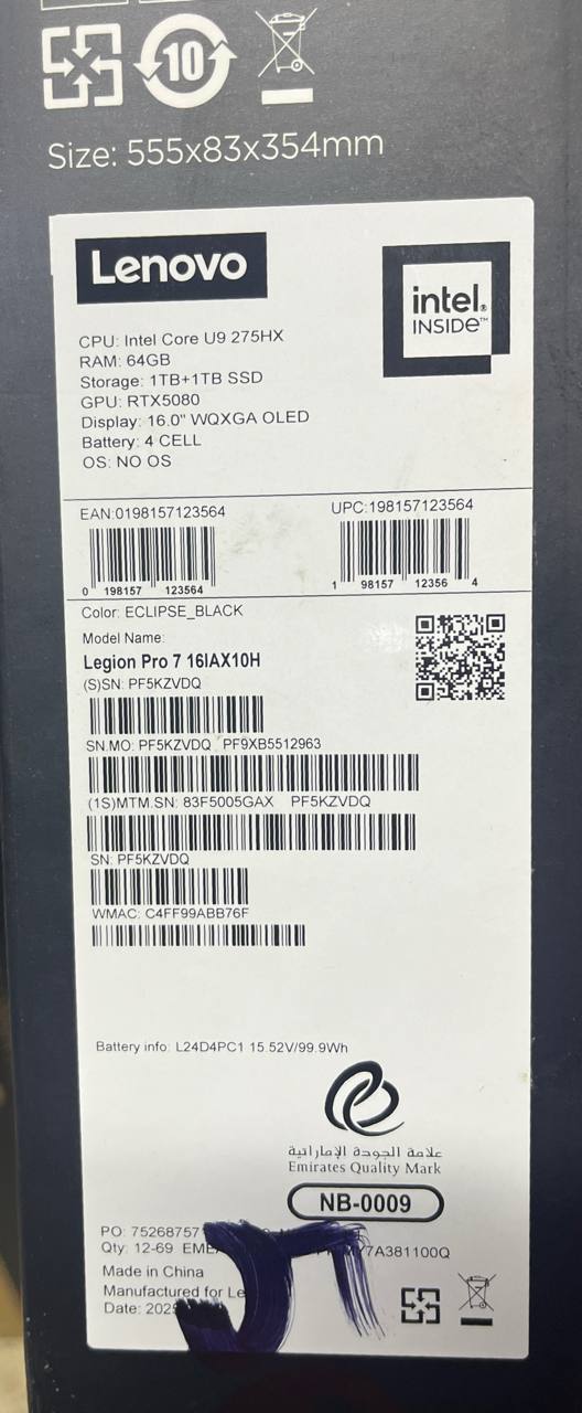 TJM Lenovo Legion Pro 7 16IAX10H - (5GAX), Intel Core Ultra 9-275HX, RAM 64GB, SSD 2TB, NVIDIA Geforce 5080 16GB, 16.0 Inch WQXGA OLED 240Hz, Eclipse Black