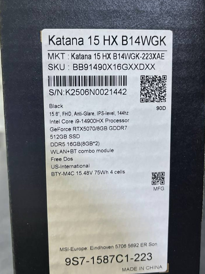 TJM MSI Katana 15 HX B14WGK-223XAE, Intel Core i9-14900HX, RAM 16GB, SSD 512GB, NVIDIA RTX 5070 8GB, 15.6 Inch FHD IPS 144Hz, Black
