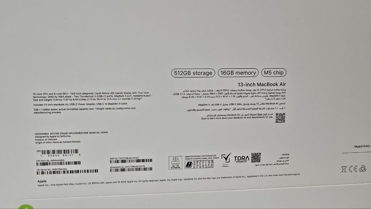 TJM Apple Macbook Air MDHH4AB/A - A3449, M5 Chip (10 Core), GPU (8 Core), RAM 16GB, SSD 512GB, 13.0 (2560 x 1664), Sky Blue