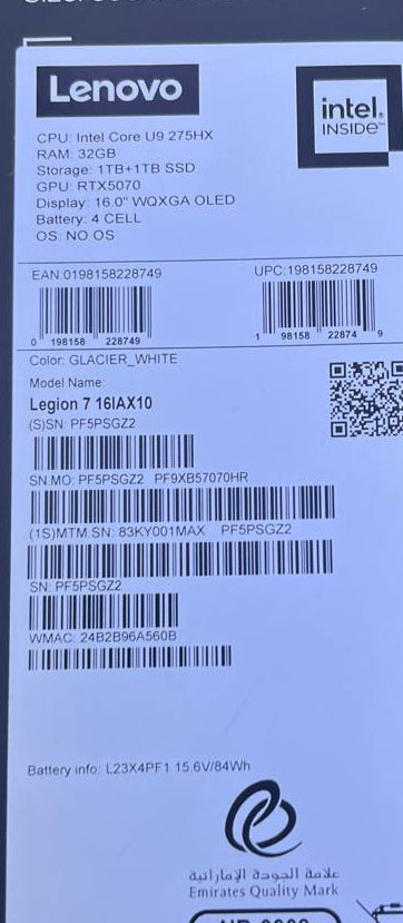 TJM Lenovo Legion 7 16IAX10 - (1MAX), Intel Core Ultra 9-275HX, RAM 32GB, SSD 2TB, NVIDIA RTX 5070 8GB, 16.0 Inch WQXGA OLED 240Hz, Glacier White
